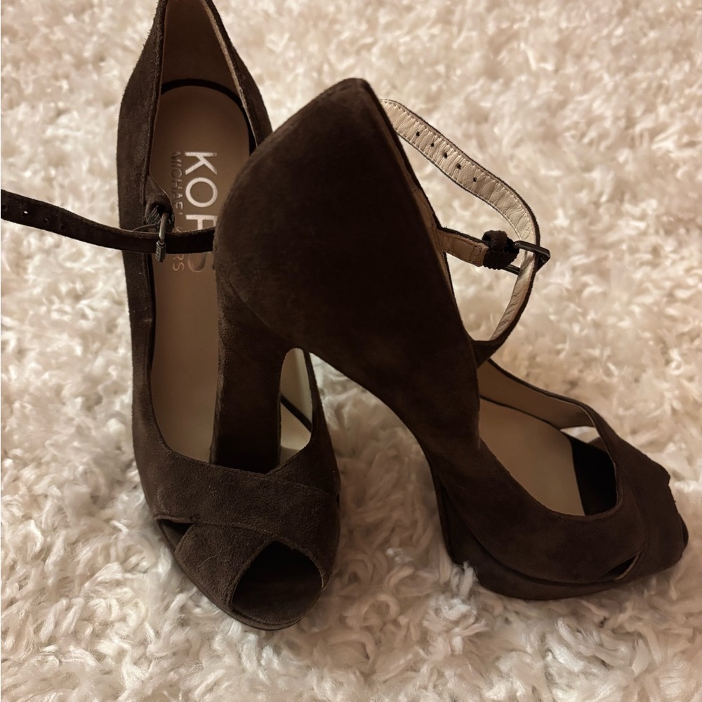 Michael Kors, chocolate suede peep-toe, ankle strap heels.